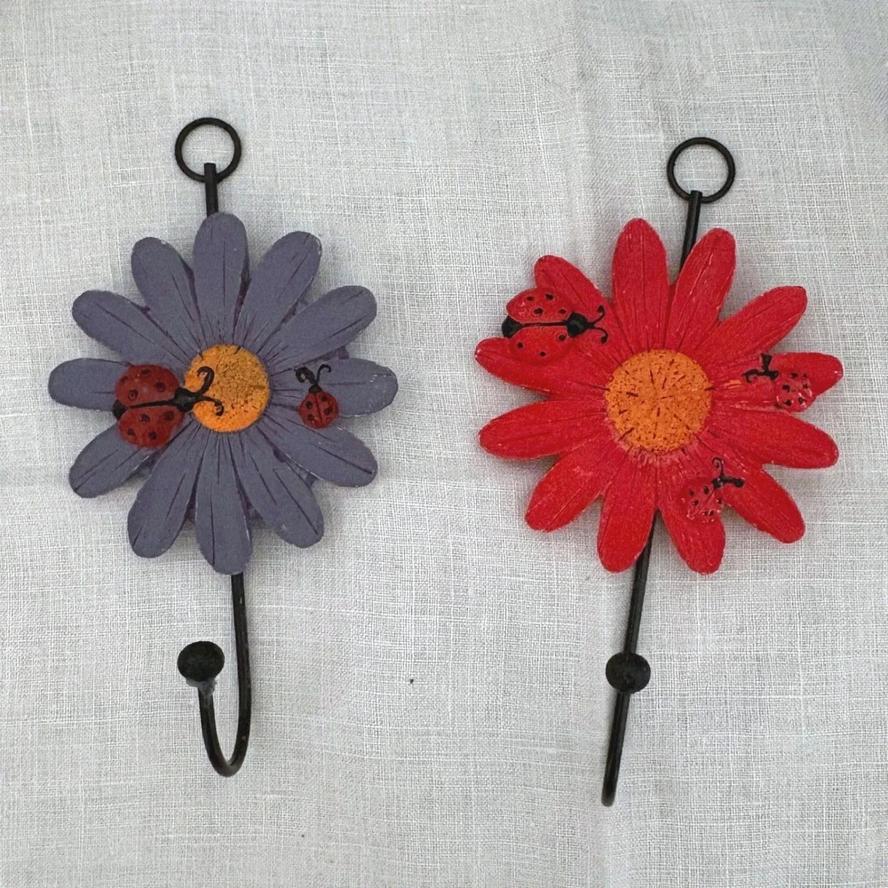 Set of 2 Daisy Flower Ladybug Wall Hooks Red Purple Metal Garden Decor Hooks